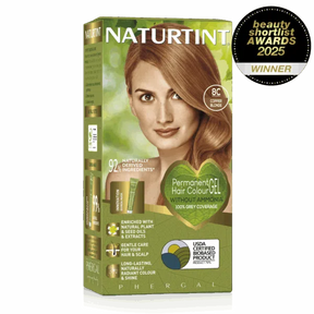 Naturtint Permanent Hair Colour Gel in 8G Sandy Golden Blonde and 8C Copper Blonde, featuring 100% grey coverage and an ammonia-free formula, recognized as a Beauty Shortlist Awards 2025 winner.