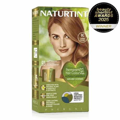 Naturtint Permanent Hair Colour Gel in 8G Sandy Golden Blonde and 8C Copper Blonde, featuring 100% grey coverage and an ammonia-free formula, recognized as a Beauty Shortlist Awards 2025 winner.