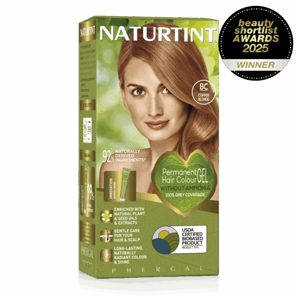 Naturtint Permanent Hair Colour Gel in 8G Sandy Golden Blonde and 8C Copper Blonde, featuring 100% grey coverage and an ammonia-free formula, recognized as a Beauty Shortlist Awards 2025 winner.