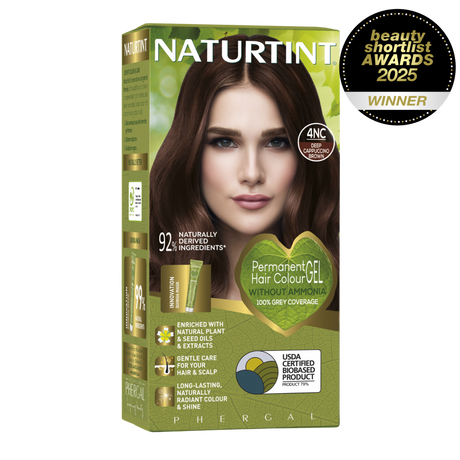 Naturtint Permanent Hair Colour Gel in 4NC Deep Cappuccino Brown, featuring 100% grey coverage and an ammonia-free formula.