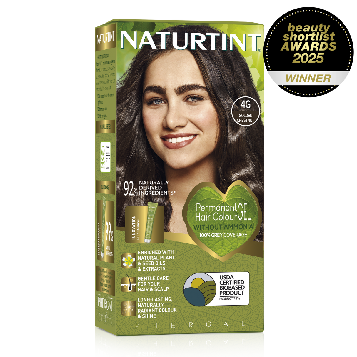 Naturtint Permanent Hair Colour Gel in 4NC Deep Cappuccino Brown, 4M Mahogany Chestnut, and 4G Golden Chestnut, featuring 100% grey coverage and an ammonia-free formula.