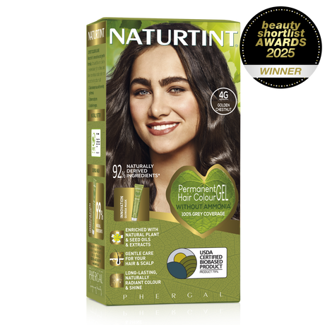 Naturtint Permanent Hair Colour Gel in 4NC Deep Cappuccino Brown, 4M Mahogany Chestnut, and 4G Golden Chestnut, featuring 100% grey coverage and an ammonia-free formula.