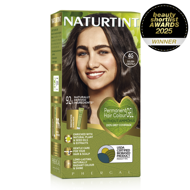 Naturtint Permanent Hair Colour Gel in 4NC Deep Cappuccino Brown, 4M Mahogany Chestnut, and 4G Golden Chestnut, featuring 100% grey coverage and an ammonia-free formula.