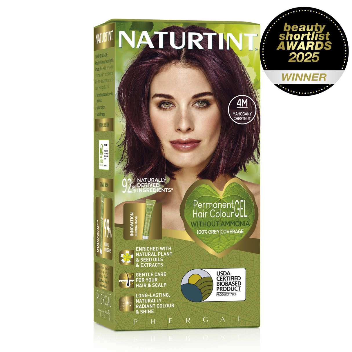 Naturtint Permanent Hair Colour Gel in 4M Mahogany Chestnut, featuring 100% grey coverage and an ammonia-free formula.