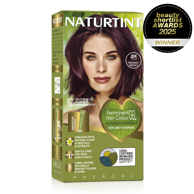 Naturtint Permanent Hair Colour Gel in 4M Mahogany Chestnut, featuring 100% grey coverage and an ammonia-free formula.