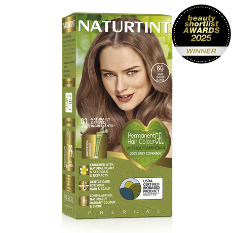 Naturtint Permanent Hair Colour Gel in 6G Dark Golden Blonde, featuring 100% grey coverage and an ammonia-free formula.