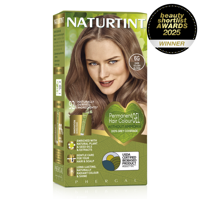 Naturtint Permanent Hair Colour Gel in 6G Dark Golden Blonde, featuring 100% grey coverage and an ammonia-free formula.