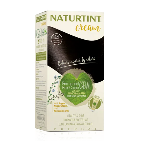 Naturtint Permanent Hair Colour Cream in 4N Natural Chestnut, featuring ammonia-free formula and 100% grey coverage.