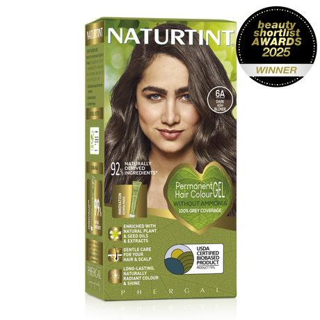 Naturtint Permanent Hair Colour Gel in 6G Dark Golden Blonde and 6A Dark Ash Blonde, featuring 100% grey coverage and an ammonia-free formula.