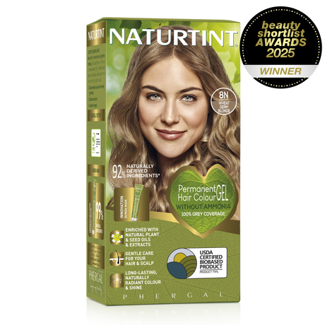 Naturtint Permanent Hair Colour Gel in 8N Wheat Germ Blonde, featuring 100% grey coverage and an ammonia-free formula, recognized as a Beauty Shortlist Awards 2025 winner.