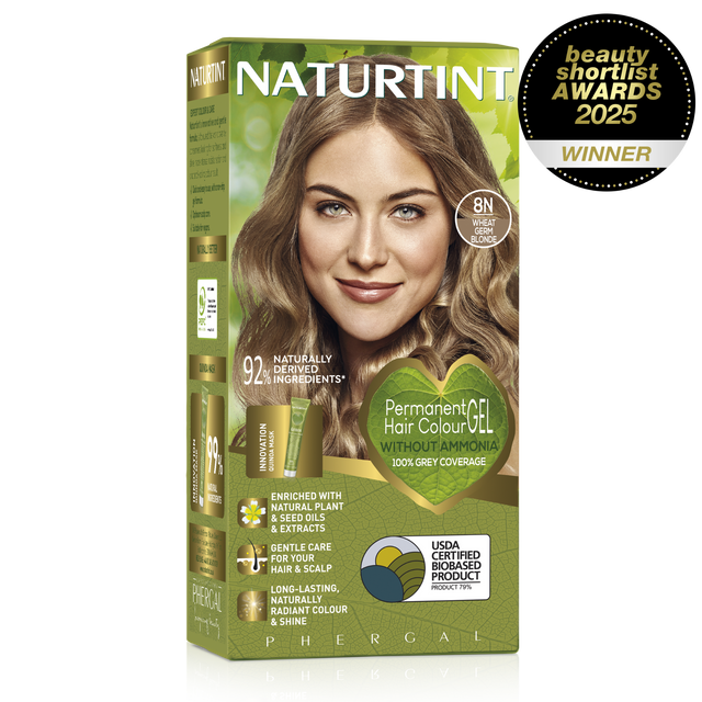 Naturtint Permanent Hair Colour Gel in 8N Wheat Germ Blonde, featuring 100% grey coverage and an ammonia-free formula, recognized as a Beauty Shortlist Awards 2025 winner.