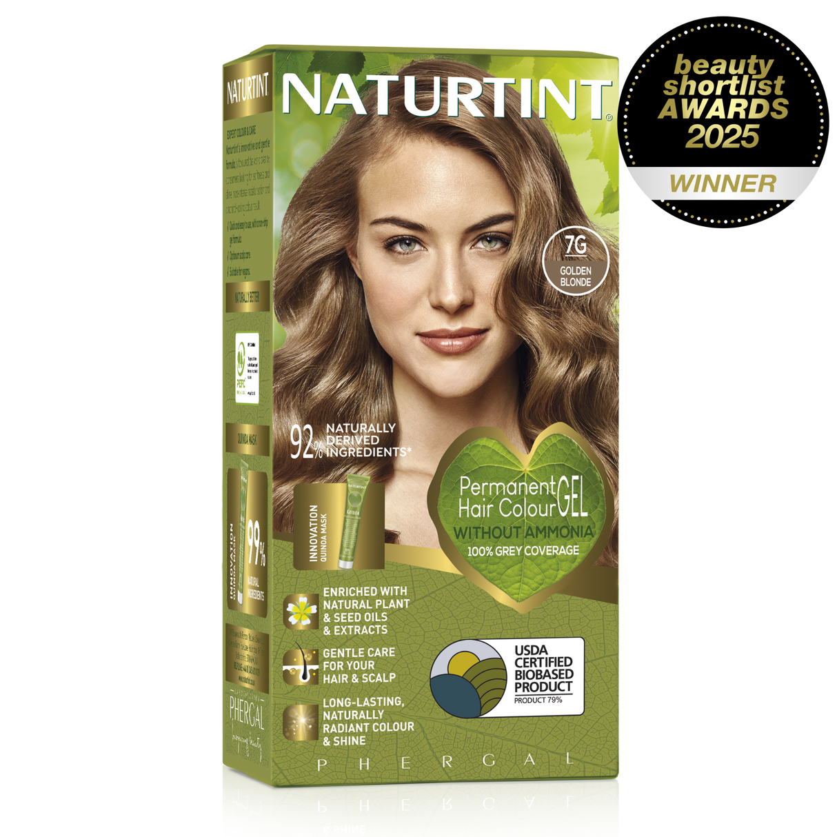Naturtint Permanent Hair Colour Gel in 7G Golden Blonde, featuring 100% grey coverage and an ammonia-free formula.