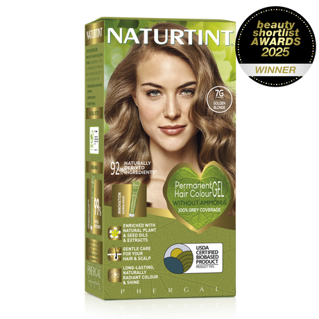 Naturtint Permanent Hair Colour Gel in 7G Golden Blonde, featuring 100% grey coverage and an ammonia-free formula.