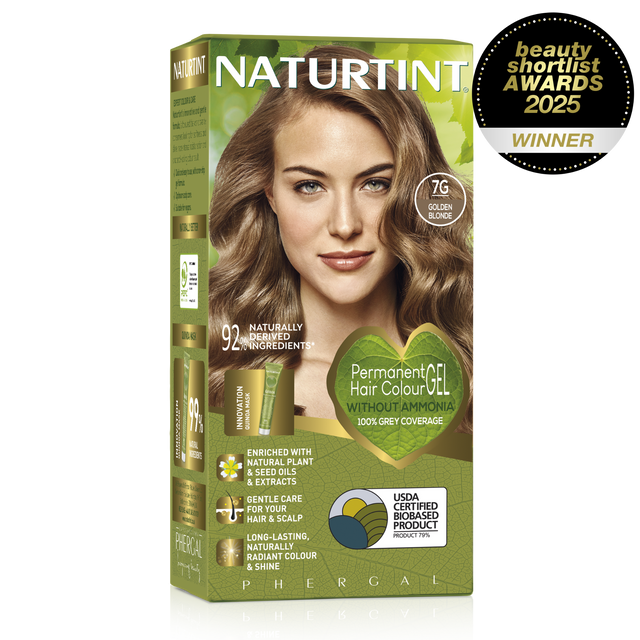 Naturtint Permanent Hair Colour Gel in 7G Golden Blonde, featuring 100% grey coverage and an ammonia-free formula.