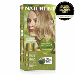 Naturtint Permanent Hair Colour Gel in 9N Honey Blonde, featuring a 100% grey coverage and ammonia-free formula, recognized as a Beauty Shortlist Awards 2025 winner.