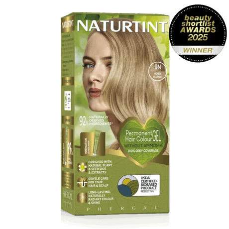 Naturtint Permanent Hair Colour Gel in 9N Honey Blonde, featuring a 100% grey coverage and ammonia-free formula, recognized as a Beauty Shortlist Awards 2025 winner.