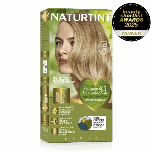 Naturtint Permanent Hair Colour Gel in 9N Honey Blonde, featuring a 100% grey coverage and ammonia-free formula, recognized as a Beauty Shortlist Awards 2025 winner.
