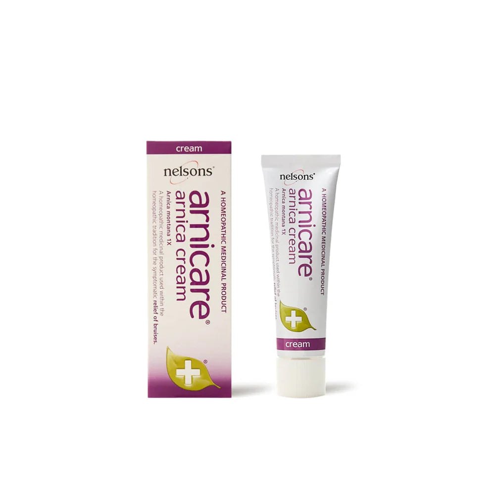 Nelsons Arnicare arnica cream tube and matching retail box on a clean white background.