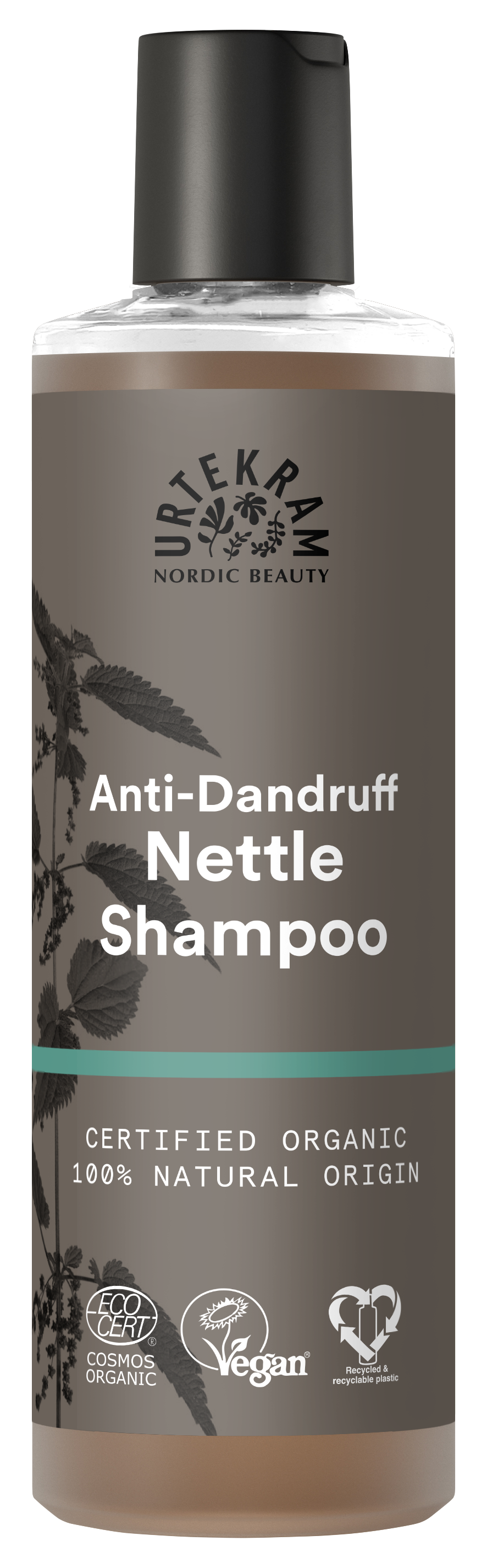 A tall bottle of Urtekram Anti-Dandruff Nettle Shampoo with a grey and brown label featuring a nettle leaf illustration. The bottle displays "Certified Organic" and "100% Natural Origin" labels alongside Vegan and Ecocert certifications.