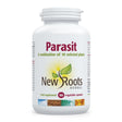 A white plastic bottle of New Roots Herbal Parasit food supplement with 90 vegetable capsules, featuring a white label with red and green text and graphics.