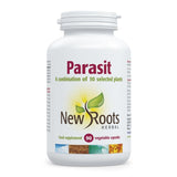 A white plastic bottle of New Roots Herbal Parasit food supplement with 90 vegetable capsules, featuring a white label with red and green text and graphics.