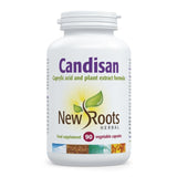 A white plastic bottle of New Roots Herbal Candisan, containing 90 vegetable capsules, on a clean white background.