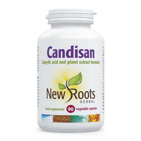 A white plastic bottle of New Roots Herbal Candisan, containing 90 vegetable capsules, on a clean white background.