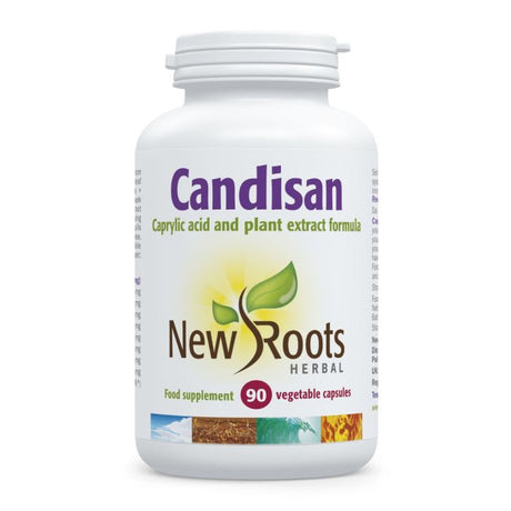 A white plastic bottle of New Roots Herbal Candisan, containing 90 vegetable capsules, on a clean white background.
