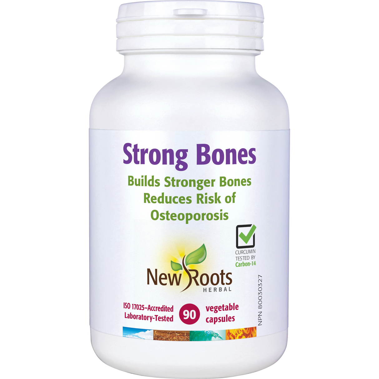 White supplement bottle labeled 'Strong Bones' by New Roots Herbal on a white background