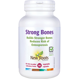 White supplement bottle labeled 'Strong Bones' by New Roots Herbal on a white background