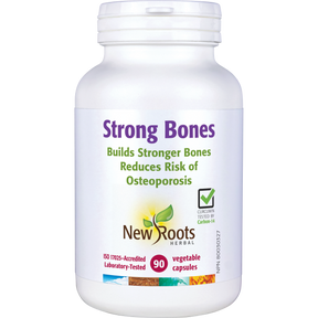 White supplement bottle labeled 'Strong Bones' by New Roots Herbal on a white background