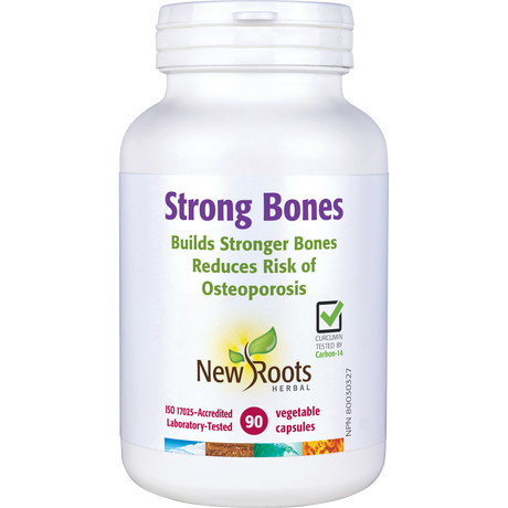 White supplement bottle labeled 'Strong Bones' by New Roots Herbal on a white background