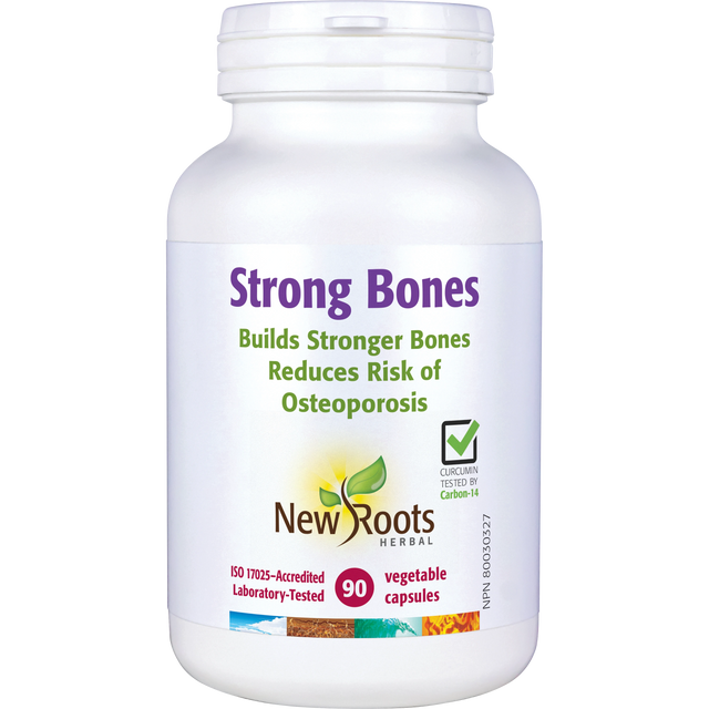 White supplement bottle labeled 'Strong Bones' by New Roots Herbal on a white background
