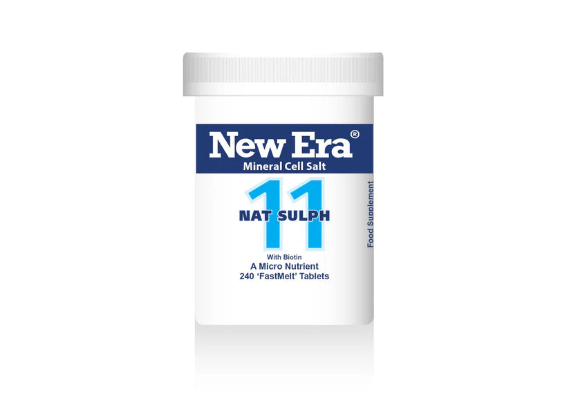 A bottle of New Era 11 Nat Sulph mineral cell salts.