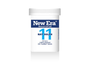 A bottle of New Era 11 Nat Sulph mineral cell salts.