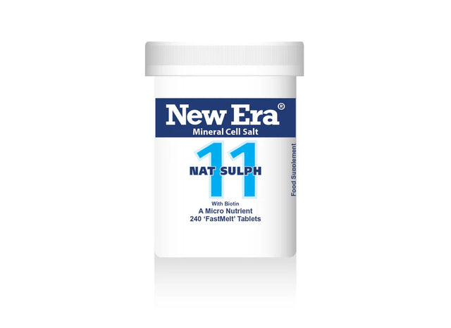 A bottle of New Era 11 Nat Sulph mineral cell salts.