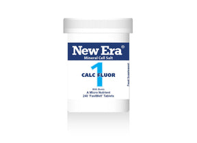 A bottle of New Era 1 Calc Fluor mineral cell salts.