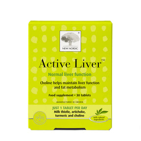Product box of New Nordic Active Liver, a food supplement for normal liver function and fat metabolism containing milk thistle, artichoke, turmeric, and choline, 30 tablets.