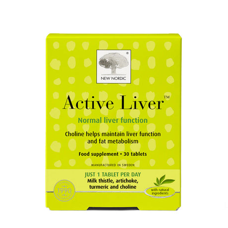 Product box of New Nordic Active Liver, a food supplement for normal liver function and fat metabolism containing milk thistle, artichoke, turmeric, and choline, 30 tablets.