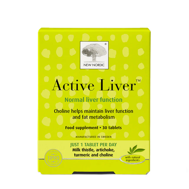 Product box of New Nordic Active Liver, a food supplement for normal liver function and fat metabolism containing milk thistle, artichoke, turmeric, and choline, 30 tablets.