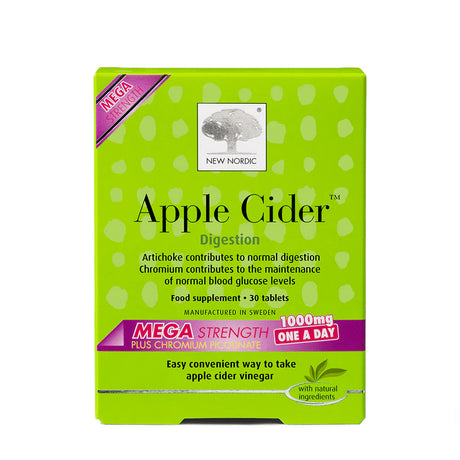 Product box of New Nordic Apple Cider Mega Strength, a food supplement for digestion and blood glucose maintenance featuring artichoke and chromium picolinate, 30 tablets.