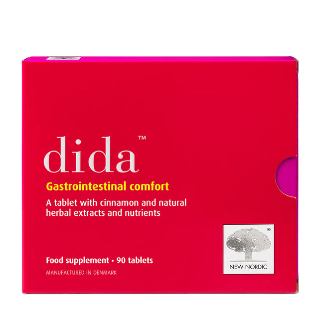 Product box of New Nordic Dida, a gastrointestinal comfort food supplement containing cinnamon and natural herbal extracts, 90 tablets.