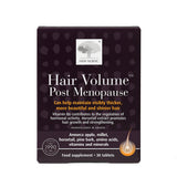 Product box of New Nordic Hair Volume Post Menopause, a food supplement designed to maintain thicker hair with Annurca apple, millet, horsetail, and Vitamin B6, 30 tablets.