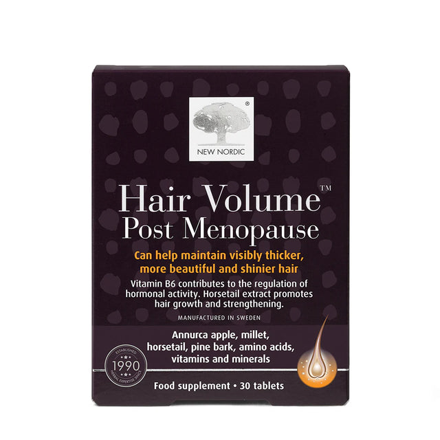 Product box of New Nordic Hair Volume Post Menopause, a food supplement designed to maintain thicker hair with Annurca apple, millet, horsetail, and Vitamin B6, 30 tablets.