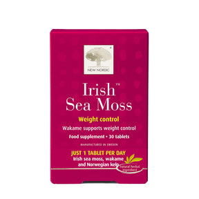 Product box of New Nordic Irish Sea Moss, a weight control food supplement featuring wakame and Norwegian kelp, 30 tablets.