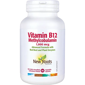 New Roots Herbal Vitamin B12 Methylcobalamin 1,000 mcg supplement vegetable capsules white jar.