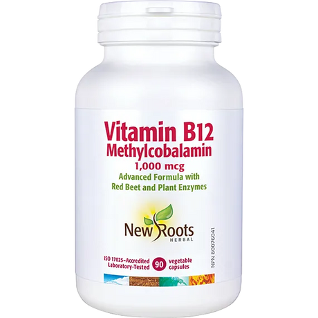 New Roots Herbal Vitamin B12 Methylcobalamin 1,000 mcg supplement vegetable capsules white jar.