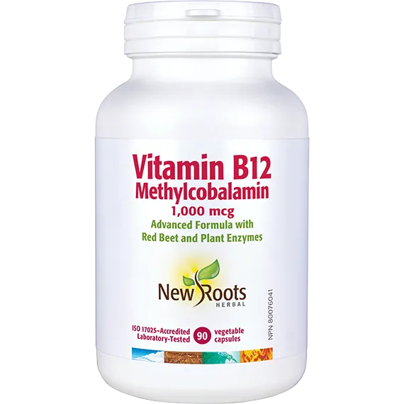 New Roots Herbal Vitamin B12 Methylcobalamin 1,000 mcg supplement vegetable capsules white jar.
