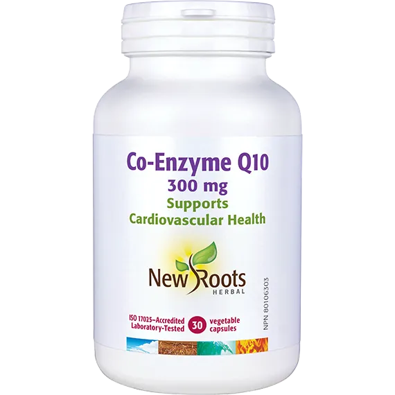 New Roots Herbal Co-Enzyme Q10 300mg cardiovascular health supplement capsules white jar.