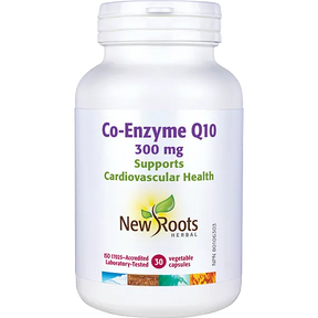 New Roots Herbal Co-Enzyme Q10 300mg cardiovascular health supplement capsules white jar.